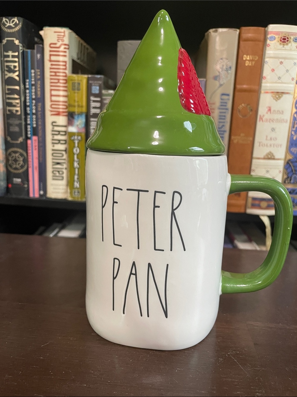 Rae Dunn Peter Pan Ceramic Mug with Green Lid and Red Accent